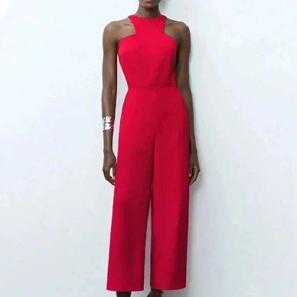Red Elegant Women's Solid Color Open Shoulder Casual Summer Jumpsuit - Picture 3 of 7